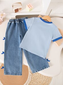 SHEIN Genkimix Kids 女孩可愛紫色聚酯纖維短袖字母印花T恤與牛仔褲套裝，標準版型圓領，附口袋，7歲生日夏季穿搭 - 淺藍色 - 查看 2