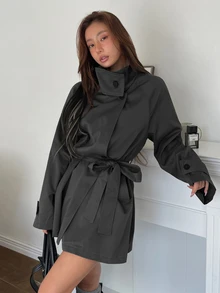 K-Vae Mantel Trench Wanita Kasual Abu-abu Panjang Sedang, Musim Gugur - Dark Grey - View 4