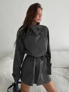 K-Vae Mantel Trench Wanita Kasual Abu-abu Panjang Sedang, Musim Gugur - Dark Grey - View 7