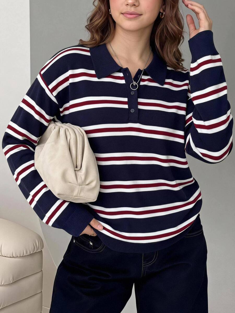 SHEIN 青少年女孩秋冬新款休閒日常大學風條紋 Polo 領長袖針織衫,返校季 - 彩色 - 查看 1