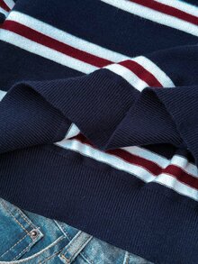 SHEIN 青少年女孩秋冬新款休閒日常大學風條紋 Polo 領長袖針織衫，返校季 - 彩色 - 查看 9