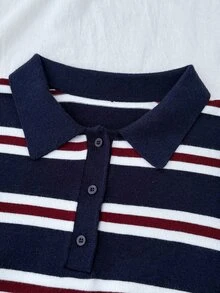 SHEIN 青少年女孩秋冬新款休閒日常大學風條紋 Polo 領長袖針織衫，返校季 - 彩色 - 查看 5