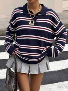 SHEIN 青少年女孩秋冬新款休閒日常大學風條紋 Polo 領長袖針織衫，返校季 - 彩色 - 查看 3