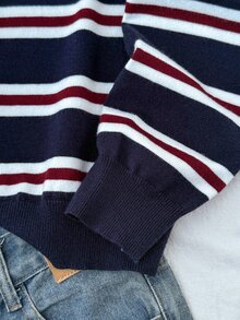 SHEIN 青少年女孩秋冬新款休閒日常大學風條紋 Polo 領長袖針織衫，返校季 - 彩色 - 查看 6