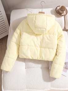 SHEIN Sparklyn Tween Girl Light Yellow Hooded Short Padded Coat, Loose Drop Shoulder Long Sleeve Fit, Snap Button Placket Inner Zipper Closure, Club Winter - Yellow - View 2