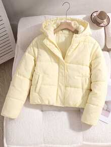 SHEIN Sparklyn Tween Girl Light Yellow Hooded Short Padded Coat, Loose Drop Shoulder Long Sleeve Fit, Snap Button Placket Inner Zipper Closure, Club Winter - Yellow - View 9