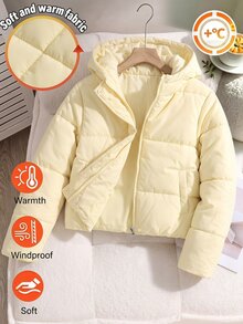 SHEIN Sparklyn Tween Girl Light Yellow Hooded Short Padded Coat, Loose Drop Shoulder Long Sleeve Fit, Snap Button Placket Inner Zipper Closure, Club Winter - Yellow - View 6