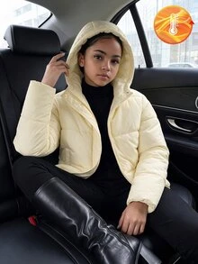 SHEIN Sparklyn Tween Girl Light Yellow Hooded Short Padded Coat, Loose Drop Shoulder Long Sleeve Fit, Snap Button Placket Inner Zipper Closure, Club Winter - Yellow - View 8