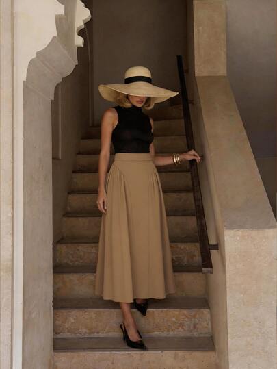 Anewsta Fashionable Women's New High Waist Side Split Patchwork Ruched Flared Skirt