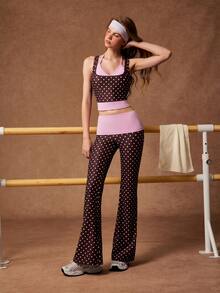 VARSIVA Women's Casual Polka Dot Print Tank Top And Color Block Flared Leg Pants Sports Set - Multicolor - View 4