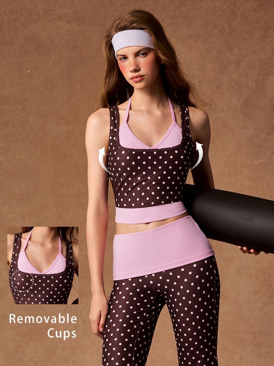 VARSIVA Women's Casual Polka Dot Print Tank Top And Color Block Flared Leg Pants Sports Set - Multicolor - View 1