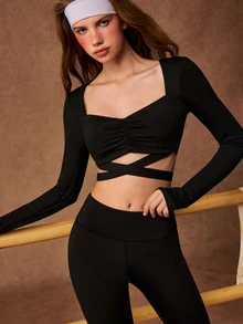 VARSIVA Women's Solid Color Long Sleeve Top And Mesh Patchwork Long Pants Casual Daily Sports Set - Black - View 5