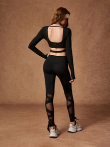 VARSIVA Women's Solid Color Long Sleeve Top And Mesh Patchwork Long Pants Casual Daily Sports Set - Black - View 6