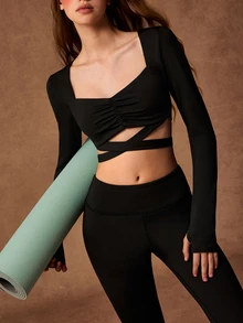 VARSIVA Women's Solid Color Long Sleeve Top And Mesh Patchwork Long Pants Casual Daily Sports Set - Black - View 4