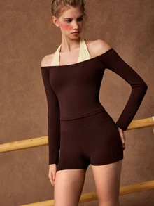 VARSIVA Women's Solid Color Off-Shoulder Long Sleeve Top And Shorts Casual Daily Sports Set - Chocolate Brown - View 7
