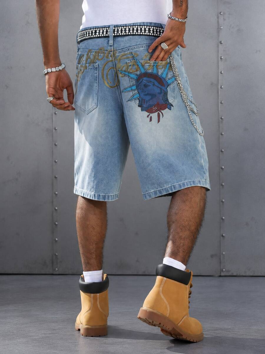 Manfinity EMRG Men's Casual Street Style Blue Denim Printed Shorts - Light Wash - View 1