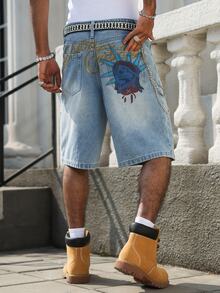Manfinity EMRG Men's Casual Street Style Blue Denim Printed Shorts - Light Wash - View 3