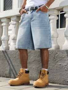 Manfinity EMRG Men's Casual Street Style Blue Denim Printed Shorts - Light Wash - View 8