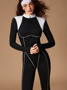 VARSIVA Women's Colorblock Zipper Front Long Sleeve Athletic Jumpsuit - Black and White - View 4