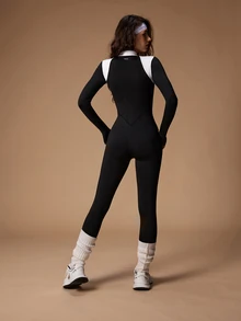 VARSIVA Women's Colorblock Zipper Front Long Sleeve Athletic Jumpsuit - Black and White - View 2
