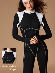VARSIVA Women's Colorblock Zipper Front Long Sleeve Athletic Jumpsuit - Black and White - View 11