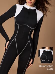 VARSIVA Women's Colorblock Zipper Front Long Sleeve Athletic Jumpsuit - Black and White - View 10