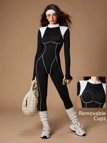 VARSIVA Women's Colorblock Zipper Front Long Sleeve Athletic Jumpsuit - Black and White - View 1