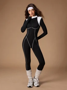 VARSIVA Women's Colorblock Zipper Front Long Sleeve Athletic Jumpsuit - Black and White - View 6