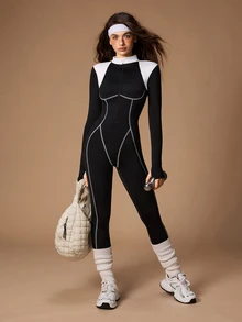 VARSIVA Women's Colorblock Zipper Front Long Sleeve Athletic Jumpsuit - Black and White - View 9