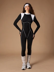 VARSIVA Women's Colorblock Zipper Front Long Sleeve Athletic Jumpsuit - Black and White - View 8