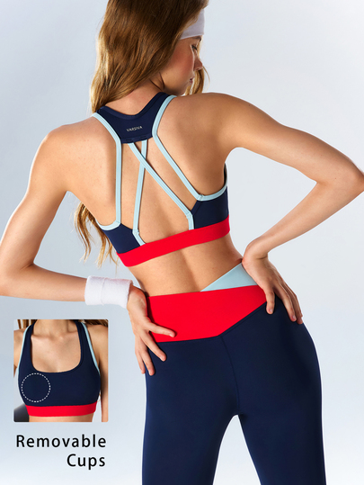 VARSIVA Women's Striped Colorblock Tank Top And Criss-Cross Waist Fitted Leggings Sports Set