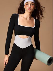 VARSIVA Women's Square Neck Long Sleeve Colorblock Waist Cutout Sports Jumpsuit - Black and White - View 5