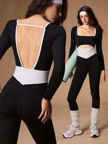 VARSIVA Women's Square Neck Long Sleeve Colorblock Waist Cutout Sports Jumpsuit - Black and White - View 1
