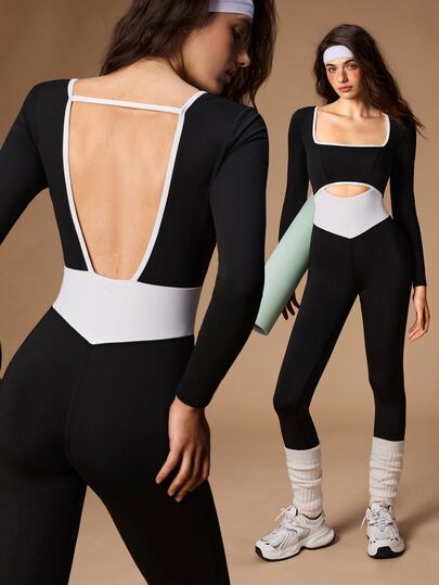 VARSIVA Mono deportivo de mujer con cuello cuadrado, manga larga, bloques de color y abertura en la cintura