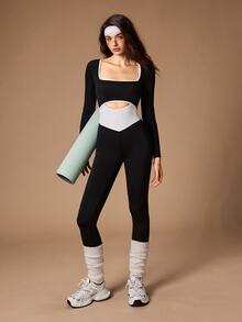 VARSIVA Women's Square Neck Long Sleeve Colorblock Waist Cutout Sports Jumpsuit - Black and White - View 9