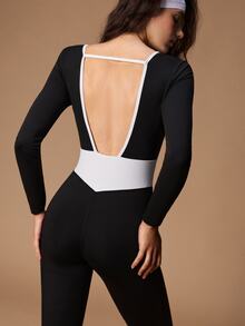 VARSIVA Women's Square Neck Long Sleeve Colorblock Waist Cutout Sports Jumpsuit - Black and White - View 8