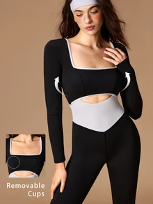 VARSIVA Women's Square Neck Long Sleeve Colorblock Waist Cutout Sports Jumpsuit - Black and White - View 11