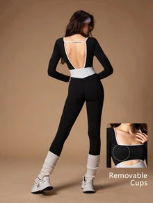 VARSIVA Women's Square Neck Long Sleeve Colorblock Waist Cutout Sports Jumpsuit - Black and White - View 10
