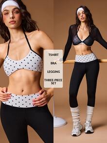 VARSIVA Women's Solid Color Mesh Long Sleeve Cropped Top, Polka Dot Print Halter Neck Tank Top And Leggings Sports Set - Black and White - View 11