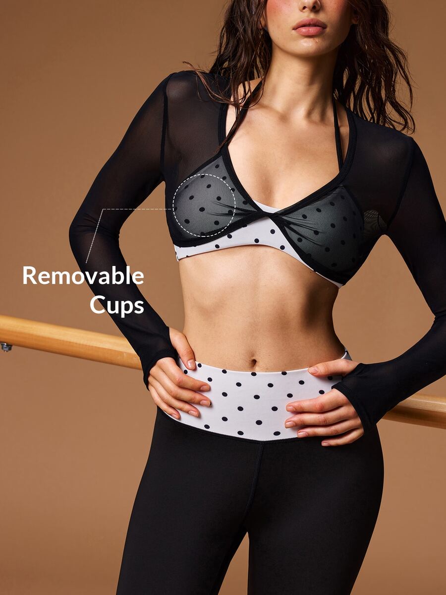 VARSIVA Women's Solid Color Mesh Long Sleeve Cropped Top, Polka Dot Print Halter Neck Tank Top And Leggings Sports Set - Black and White - View 1