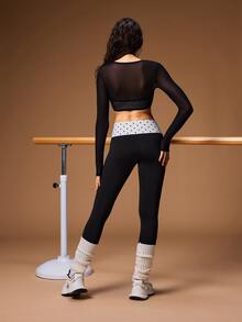 VARSIVA Women's Solid Color Mesh Long Sleeve Cropped Top, Polka Dot Print Halter Neck Tank Top And Leggings Sports Set - Black and White - View 6