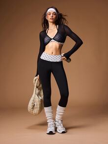 VARSIVA Women's Solid Color Mesh Long Sleeve Cropped Top, Polka Dot Print Halter Neck Tank Top And Leggings Sports Set - Black and White - View 9