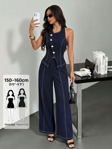 SHEIN PETITE Elegant, Minimalist Navy Blue Vest And Trouser Suit For Petite Women-Perfect For Work. - Navy Blue - View 10