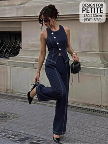 SHEIN PETITE Elegant, Minimalist Navy Blue Vest And Trouser Suit For Petite Women-Perfect For Work. - Navy Blue - View 5