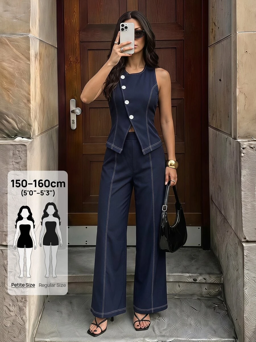 SHEIN PETITE Elegant, Minimalist Navy Blue Vest And Trouser Suit For Petite Women-Perfect For Work. - Navy Blue - View 1
