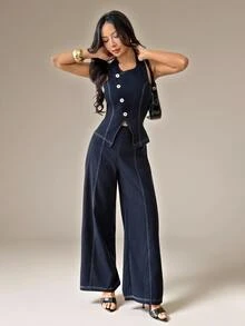 SHEIN PETITE Elegant, Minimalist Navy Blue Vest And Trouser Suit For Petite Women-Perfect For Work. - Navy Blue - View 8