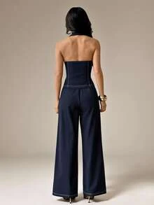 SHEIN PETITE Elegant, Minimalist Navy Blue Vest And Trouser Suit For Petite Women-Perfect For Work. - Navy Blue - View 9