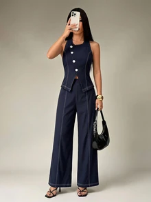 SHEIN PETITE Elegant, Minimalist Navy Blue Vest And Trouser Suit For Petite Women-Perfect For Work. - Navy Blue - View 2