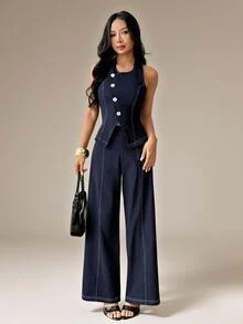 SHEIN PETITE Elegant, Minimalist Navy Blue Vest And Trouser Suit For Petite Women-Perfect For Work. - Navy Blue - View 7