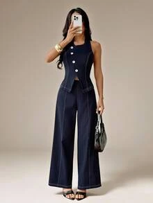 SHEIN PETITE Elegant, Minimalist Navy Blue Vest And Trouser Suit For Petite Women-Perfect For Work. - Navy Blue - View 6